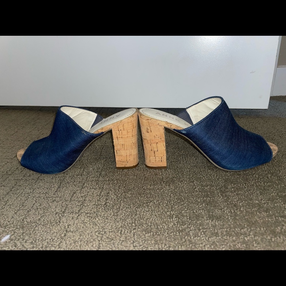 Anne Klein navy jean mules slides sandals wedge block heel size 7